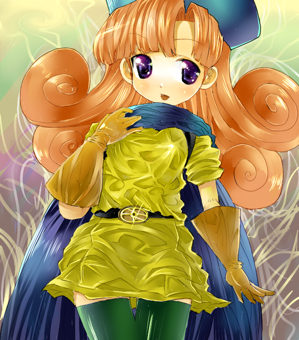 kyuu (pinpo), alena (dq4), chunsoft, dragon quest, dragon quest iv, enix, 1girl, alternate legwear, blush, cape, female focus, gloves, hat, long hair, purple eyes, red hair, skirt, solo, thighhighs, yellow skirt