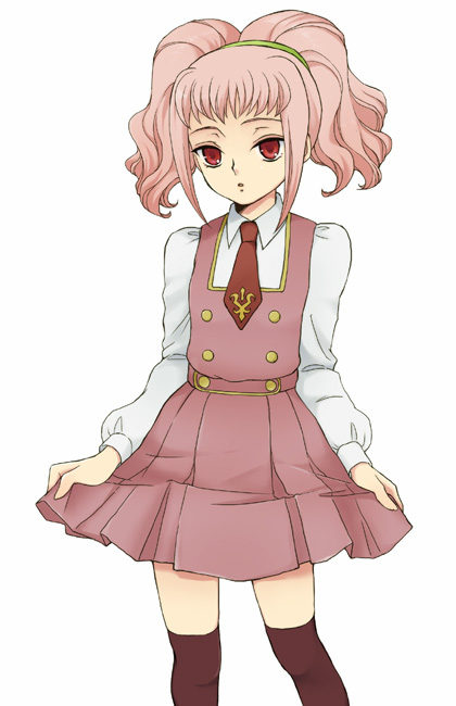 plum (arch), anya alstreim, code geass, 00s, child, dress, legs, necktie, pink hair, red eyes, solo, thighhighs