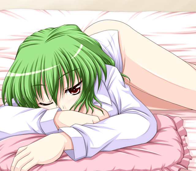 bococho, kazami yuuka, touhou, 1girl, bed, bottomless, female focus, green hair, lying, naked shirt, no panties, on stomach, one eye closed, open clothes, open shirt, pillow, red eyes, shirt, short hair, solo