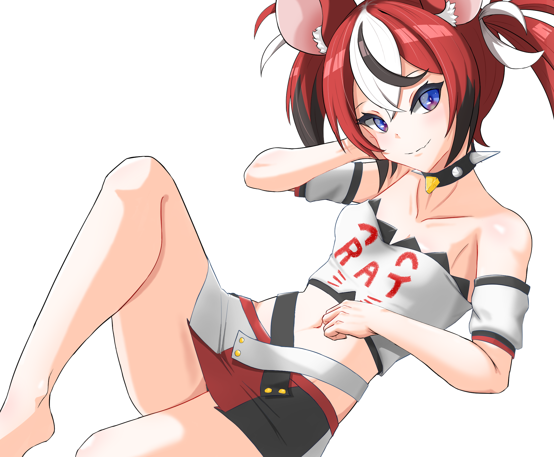 moom yk, hakos baelz, hololive, hololive english, variant set, 1girl, animal ears, black hair, black shirt, black skirt, blue eyes, closed mouth, collarbone, dot nose, eyelashes, feet out of frame, female focus, from side, knee up, looking at viewer, looking to the side, lying, medium hair, midriff, mouse ears, mouse girl, multicolored hair, multicolored skirt, navel, on back, petite, red hair, red skirt, shirt, simple background, skirt, smile, solo, strapless, strapless shirt, twintails, two-tone shirt, virtual youtuber, white hair, white shirt, white skirt