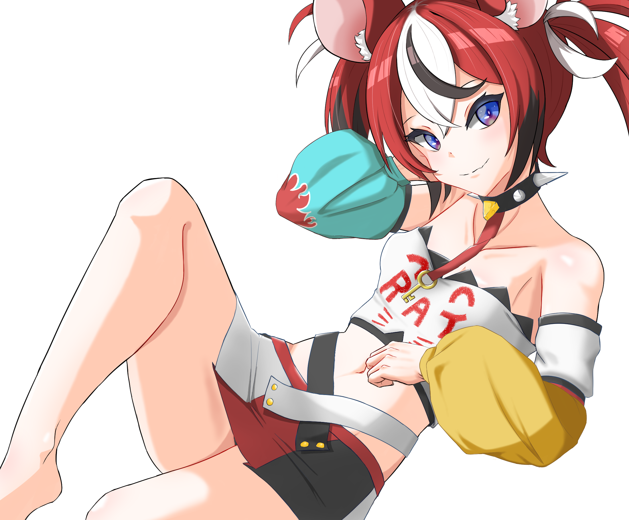 moom yk, hakos baelz, hololive, hololive english, variant set, 1girl, animal ears, aqua sleeves, black hair, black shirt, black skirt, blue eyes, closed mouth, collarbone, detached sleeves, dot nose, eyelashes, feet out of frame, female focus, from side, knee up, looking at viewer, looking to the side, lying, medium hair, midriff, mouse ears, mouse girl, multicolored hair, multicolored skirt, navel, on back, petite, red hair, red skirt, shirt, simple background, skirt, smile, solo, strapless, strapless shirt, twintails, two-tone shirt, two-tone sleeves, virtual youtuber, white hair, white shirt, white skirt, yellow sleeves