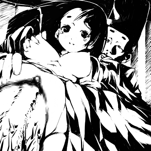 kyuu (pinpo), lowres, 1boy, 1girl, breasts, censored, clitoris, clothed sex, covered erect nipples, dutch angle, from below, grabbing another's breast, greyscale, groping, hetero, japanese clothes, lactation, large breasts, long hair, monochrome, mosaic censoring, nipples, penis, pussy, sex, vaginal