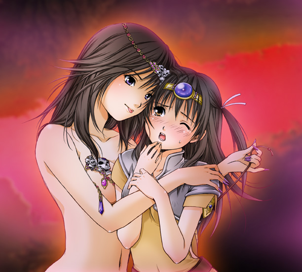 hiyori (nyatto), bessho koyoi, yamamoto misaki, hatsukoi limited, 2girls, black hair, blue eyes, blush, breasts, clothed female nude female, fantasy, hug, long hair, medium breasts, multiple girls, navel, nude, tears, tongue, two side up, yuri