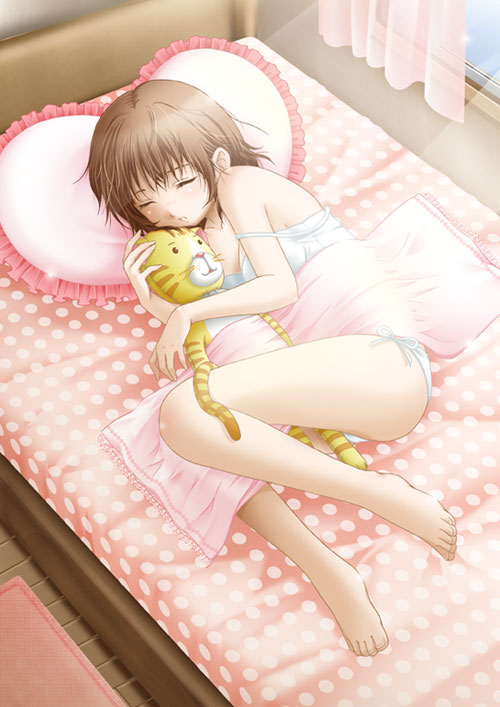 hiyori (nyatto), original, 1girl, barefoot, bed, brown hair, camisole, closed eyes, feet, female focus, frilled pillow, frills, heart, heart-shaped pillow, indoors, lingerie, lying, panties, pillow, short hair, side-tie panties, sleeping, solo, stuffed animal, stuffed tiger, stuffed toy, underwear
