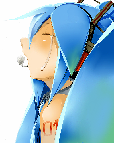 kyuu (pinpo), hatsune miku, vocaloid, lowres, blue hair, closed eyes, detached sleeves, headphones, long hair, microphone, necktie, oekaki, solo, tears, twintails