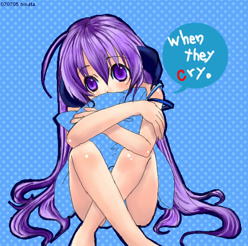hanyuu, higurashi no naku koro ni, 00s, english text, horns, long hair, pillow, purple eyes, purple hair, solo