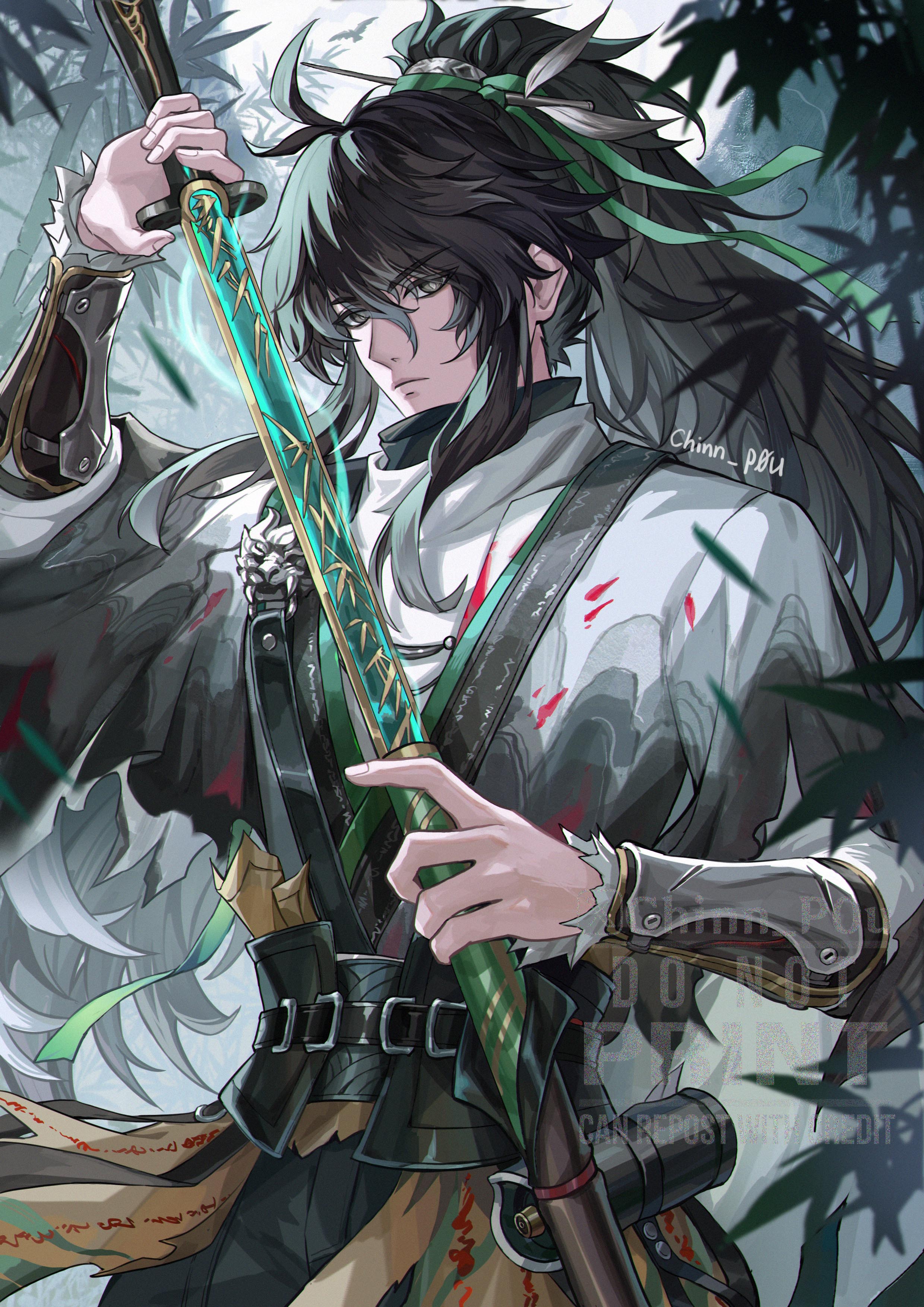 chinnpou, qiuyuan (wuthering waves), wuthering waves, absurdres, commentary, hashtag-only commentary, highres, 1boy, arm armor, artist name, black hair, chinese clothes, closed mouth, drawing sword, green ribbon, hair between eyes, hair ribbon, holding, holding sword, holding weapon, long hair, looking at viewer, male focus, ponytail, ribbon, scabbard, sheath, solo, sword, unsheathing, weapon
