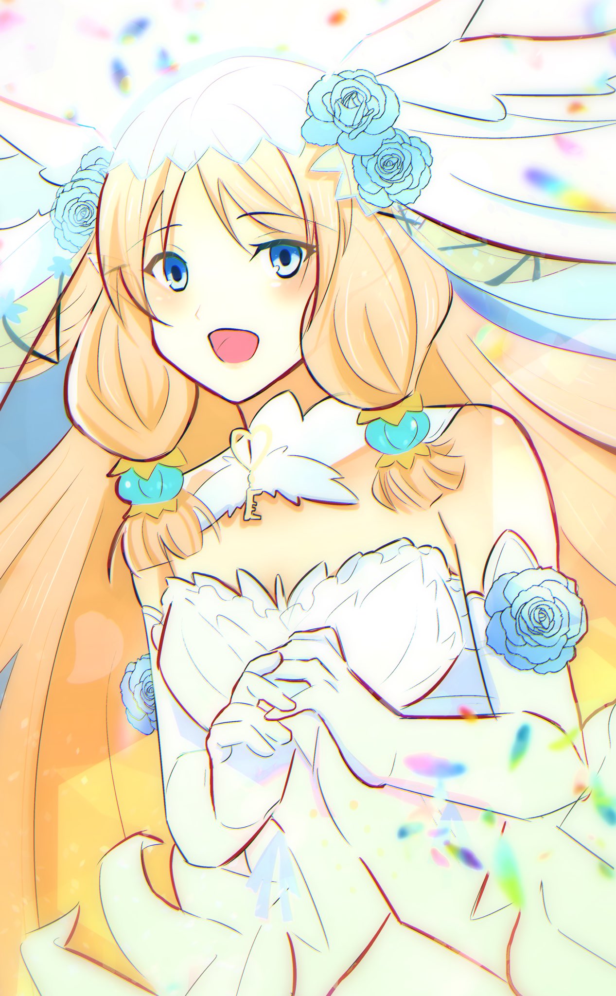 emika44kiyo, margaret (rune factory), rune factory, rune factory 4, highres, 1girl, blonde hair, blue eyes, blue flower, blue rose, bridal veil, bride, choker, dress, elbow gloves, flower, gloves, hair ornament, key, long hair, official alternate costume, rose, smile, strapless, strapless dress, veil, wedding dress, white choker, white dress, white gloves