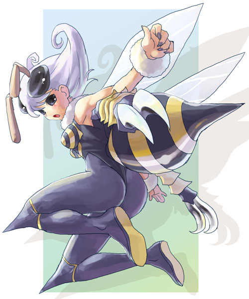 katahira masashi, q-bee, capcom, darkstalkers, 1girl, antennae, arthropod girl, ass, bee girl, bug, female focus, full body, insect girl, monster, monster girl, no pupils, solid eyes, solo, wings