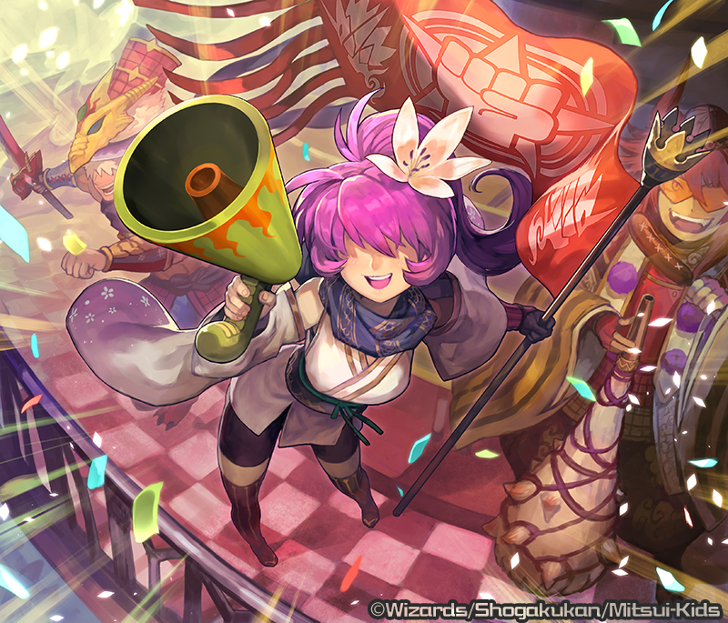 lack, duel masters, official art, 1girl, 2boys, bare shoulders, black shorts, blue scarf, boots, confetti, copyright notice, detached sleeves, flag, flower, from above, gold trim, hair flower, hair ornament, hair over eyes, high ponytail, holding, holding flag, holding megaphone, islay (duel masters), japanese clothes, linkwood (duel masters), long hair, megaphone, multiple boys, open mouth, ponytail, purple hair, scarf, shorts, teeth, thigh boots, torisu (duel masters), upper teeth only, very long hair