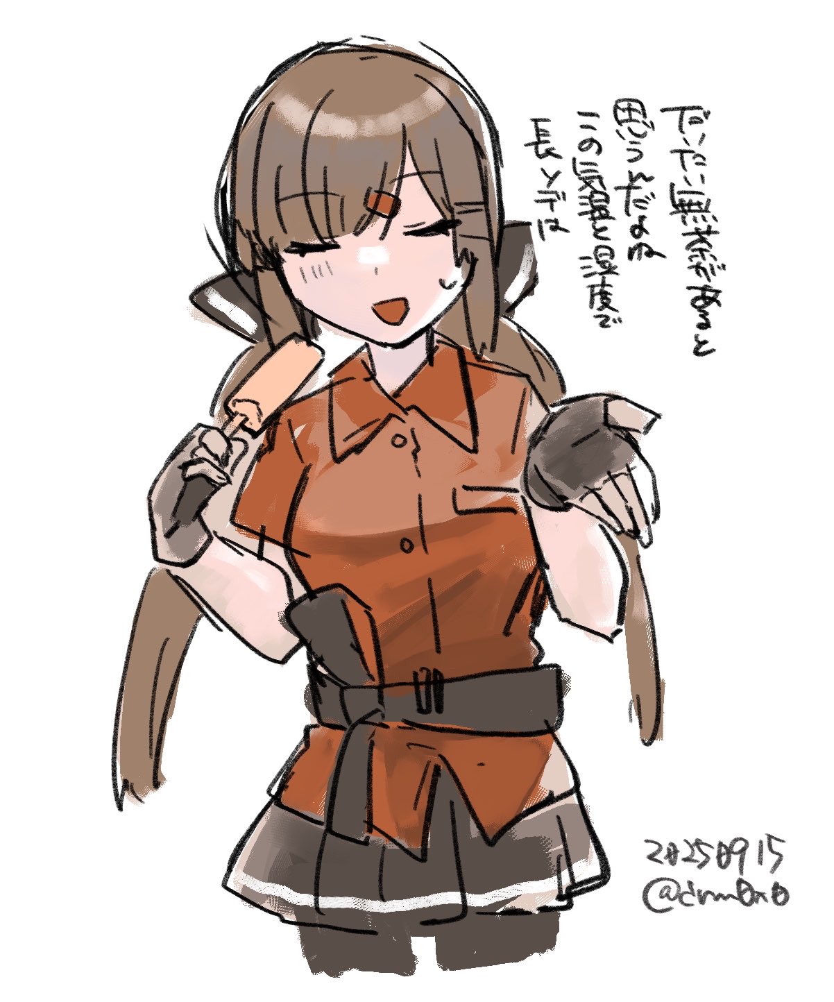 kurou oruha, tashkent (kancolle), kantai collection, commentary request, highres, translation request, 1girl, belt, black gloves, black pantyhose, black skirt, brown belt, brown hair, closed eyes, cowboy shot, dated, facing viewer, fingerless gloves, food, gloves, low twintails, pantyhose, popsicle, red shirt, shirt, simple background, skirt, solo, twintails, twitter username, white background