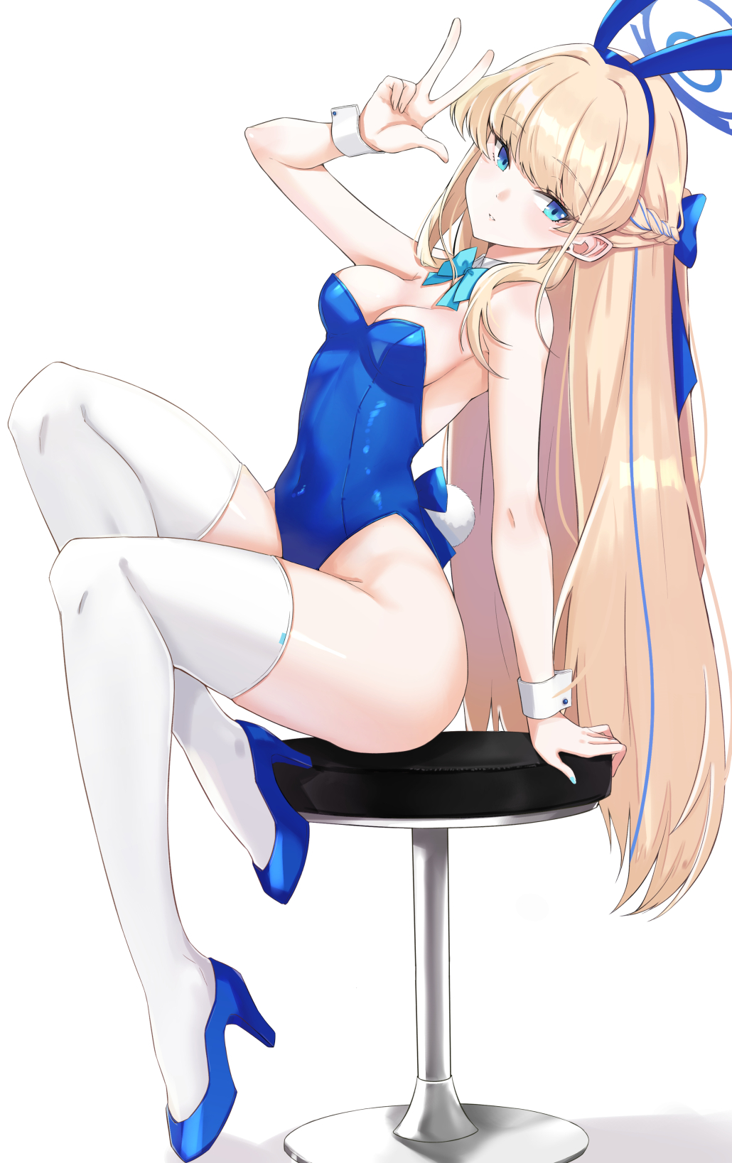 asya, toki (blue archive), toki (bunny) (blue archive), blue archive, highres, 1girl, animal ears, aqua bow, aqua bowtie, bar stool, blonde hair, blue bow, blue hairband, blue halo, blue leotard, bow, bowtie, braid, detached collar, expressionless, fake animal ears, fake tail, full body, hair bow, hairband, half up braid, halo, high heels, highleg, highleg leotard, leotard, long hair, looking at viewer, official alternate costume, playboy bunny, rabbit ears, rabbit tail, sitting, stool, strapless, strapless leotard, tail, thighhighs, v, white background, white thighhighs, white wrist cuffs, wrist cuffs