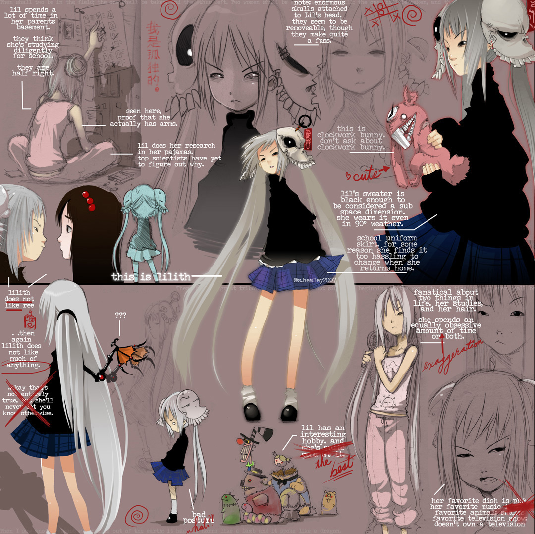 shaun healey, lilith (endling), ree (shaun healey), original, drawing, silver hair, black hair, brushing hair, camisole, chibi, crossed legs, doll, double bun, english text, glaring, hair brush, hair bun, hair ornament, hairpin, indian style, long hair, pajamas, reference sheet, sitting, skirt, skull, skull hair ornament, slouch, slouching, stitches, stuffed animal, stuffed toy, very long hair, wings