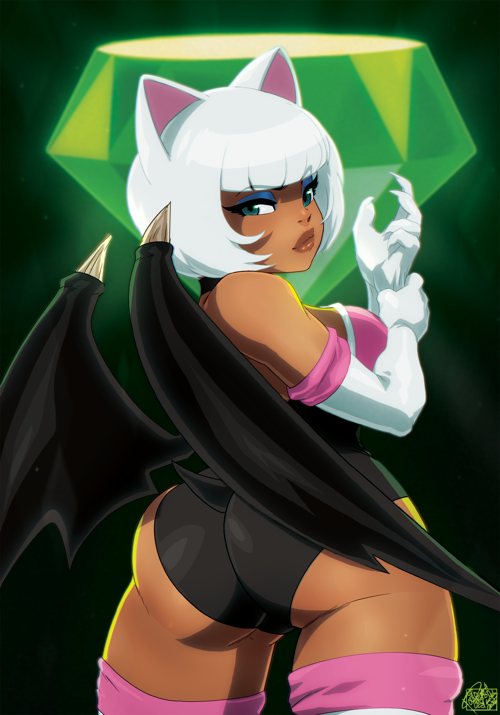 tovio rogers, rouge the bat, sonic (series), absurdres, highres, 1girl, animal ears, bat ears, bat girl, bat tail, bat wings, blue eyeshadow, breasts, chaos emerald, elbow gloves, eyeshadow, gloves, green eyes, looking at viewer, makeup, solo, tail, white gloves, white hair, wings