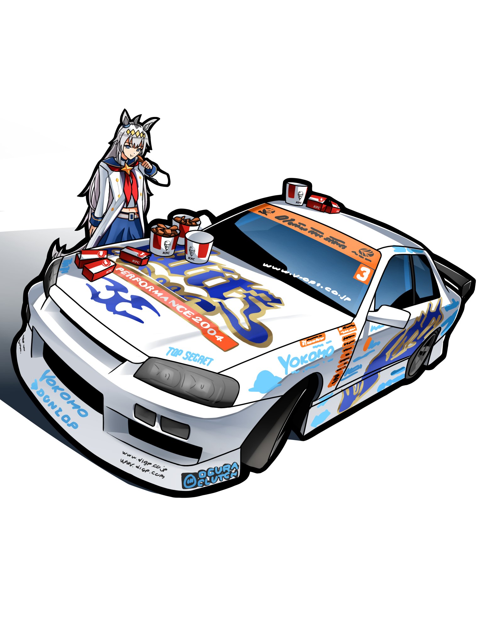 toyeeta prius, oguri cap (starlight beat) (umamusume), oguri cap (umamusume), kfc, umamusume, highres, 1girl, ahoge, animal ears, blue eyes, blue sailor collar, blue skirt, brooch, car, chicken (food), closed mouth, ear ornament, eating, food, fried chicken, grey hair, grey tail, hair between eyes, hair ornament, hairband, holding, horse ears, horse girl, horse tail, jewelry, long hair, long sleeves, motor vehicle, multicolored hair, neckerchief, race vehicle, racecar, red neckerchief, sailor collar, shirt, skirt, smile, solo, star brooch, tail, white shirt