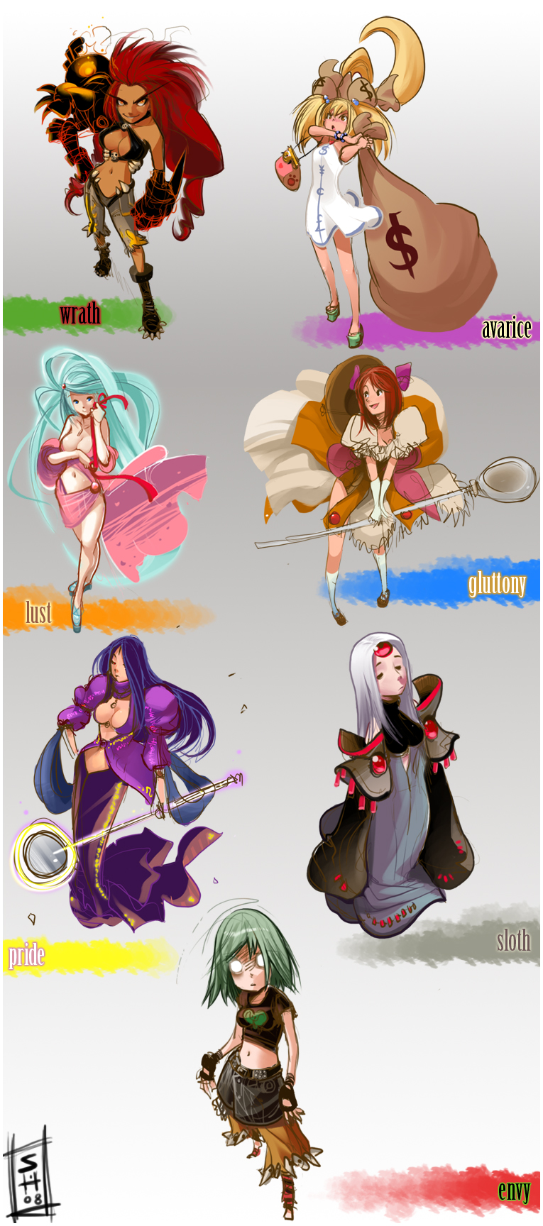 shaun healey, avarice (living in sin), envy (living in sin), gluttony (living in sin), lust (living in sin), pride (living in sin), sloth (living in sin), wrath (living in sin), living in sin, highres, 6+girls, bag, blonde hair, blue eyes, blue hair, boots, breasts, cleavage, closed eyes, dark-skinned female, dark skin, dress, everyone, fingerless gloves, gloves, green hair, hair ornament, handbag, large breasts, long hair, medium breasts, midriff, multiple girls, orange eyes, personification, purple hair, red hair, ribbon, seven deadly sins, shirt, short hair, shorts, skirt, t-shirt, very long hair, white eyes, white hair