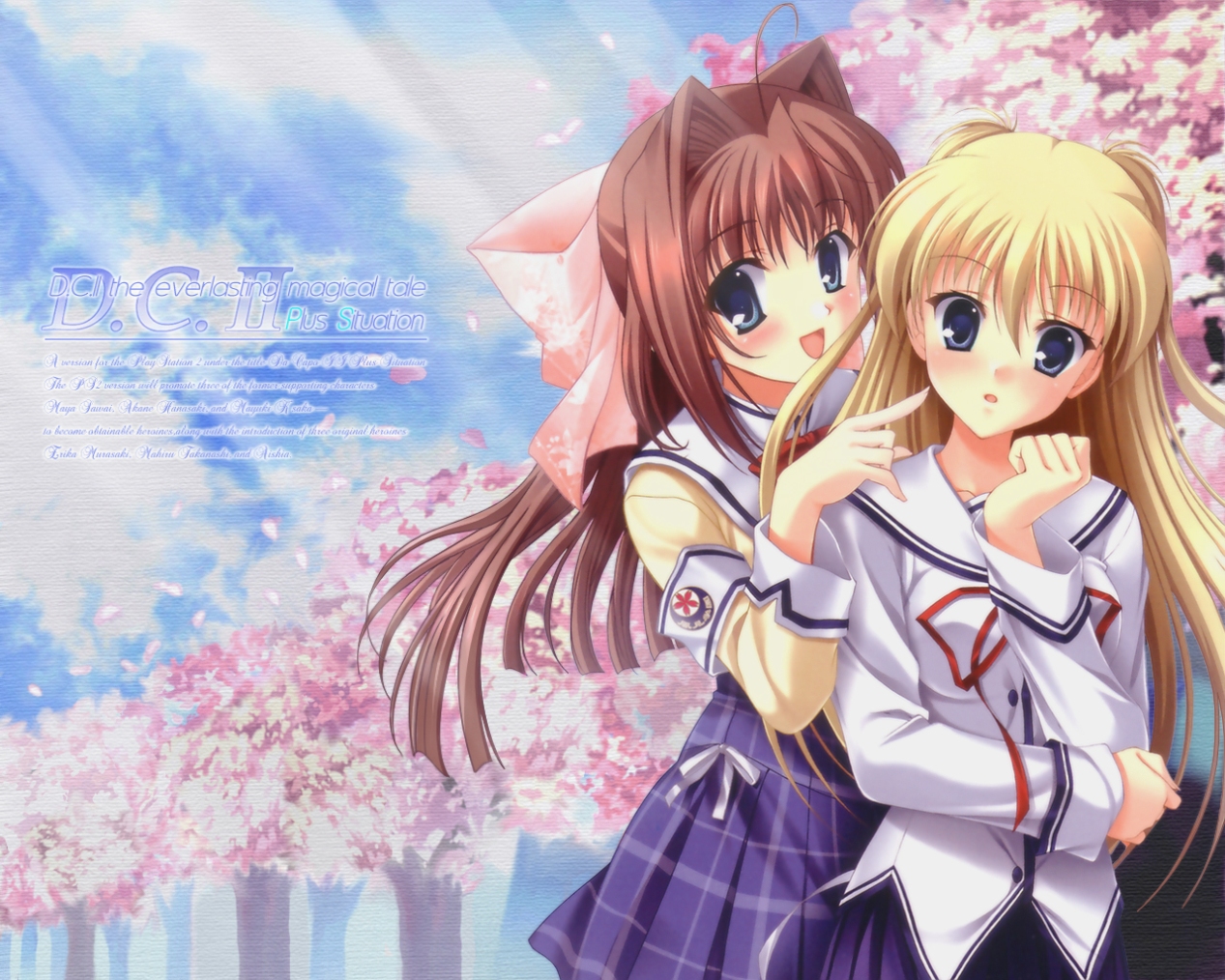 kayura yuka, asakura otome, erika murasaki, yoshino sakura, da capo, da capo ii, 00s, 2girls, cherry blossoms, hug, multiple girls, school uniform, serafuku