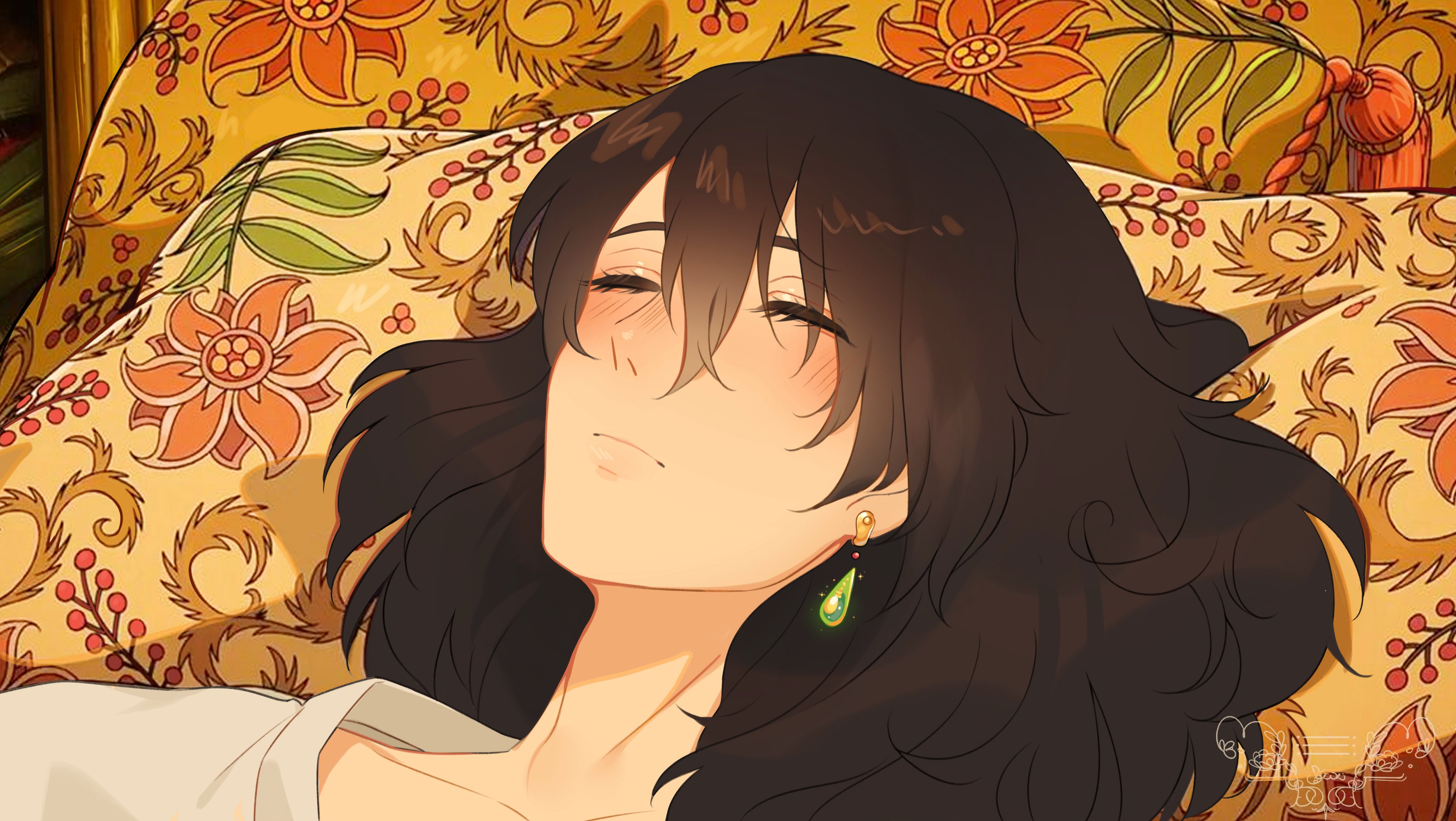 mitsutadaki, howl pendragon, howl no ugoku shiro, absurdres, commentary, highres, 1boy, black hair, blush, closed eyes, closed mouth, earrings, ghibli redraw challenge (meme), hair between eyes, jewelry, male focus, medium hair, meme, shirt, solo, white shirt