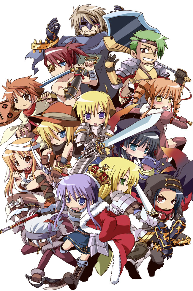 uraichishi, alchemist (sekaiju), bard (sekaiju), bushidou (sekaiju), curse maker, dark hunter (sekaiju), medic (sekaiju), paladin (sekaiju), ranger (sekaiju), swordsman (sekaiju), atlus, etrian odyssey, black legwear, brown footwear, red legwear, >:<, >:o, 6+boys, 6+girls, :<, :o, ahoge, arm guards, armor, arms up, axe, bandaged arm, bandages, bandaid, bandaid on face, beard, black gloves, black scarf, blue eyes, blue scarf, blue skirt, blunt bangs, blush, boots, braid, brown-framed eyewear, brown eyes, brown hair, brown hat, brown vest, buckle, cape, chibi, closed mouth, collarbone, cowboy hat, creature, crown, dark skin, dragon, drill hair, elbow gloves, eyepatch, facial hair, faulds, fighting stance, fringe trim, full armor, furrowed brow, gauntlets, gloves, goggles, goggles around neck, green eyes, green hair, grin, hair between eyes, hair over one eye, hair ribbon, hat, headband, holding, holding staff, holding sword, holding weapon, japanese armor, jitome, juliet sleeves, katana, knee boots, lace-up boots, lance, long hair, long sleeves, looking at viewer, low-tied long hair, multiple boys, multiple girls, no pupils, open clothes, open mouth, open vest, over shoulder, paladin, pantyhose, pauldrons, pointy ears, polearm, ponytail, profile, puffy sleeves, purple eyes, red cape, red hair, red ribbon, ribbon, samurai, scar, scar on face, scarf, shading eyes, short hair, shoulder armor, shoulder pads, sidelocks, simple background, single braid, sitting, skirt, smile, sparkle, staff, sweat, sword, teeth, thighhighs, thumbs up, topless male, twin drills, twintails, unsheathed, v-shaped eyebrows, vest, warrior, weapon, white background