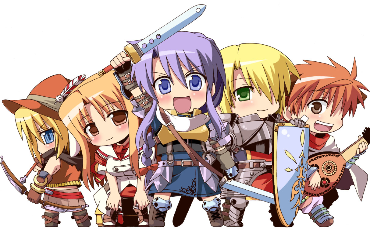 uraichishi, archer (fate), bard (sekaiju), medic (sekaiju), paladin (sekaiju), ranger (sekaiju), swordsman (sekaiju), atlus, etrian odyssey, fate (series), 2boys, 3girls, chibi, multiple boys, multiple girls, paladin, warrior