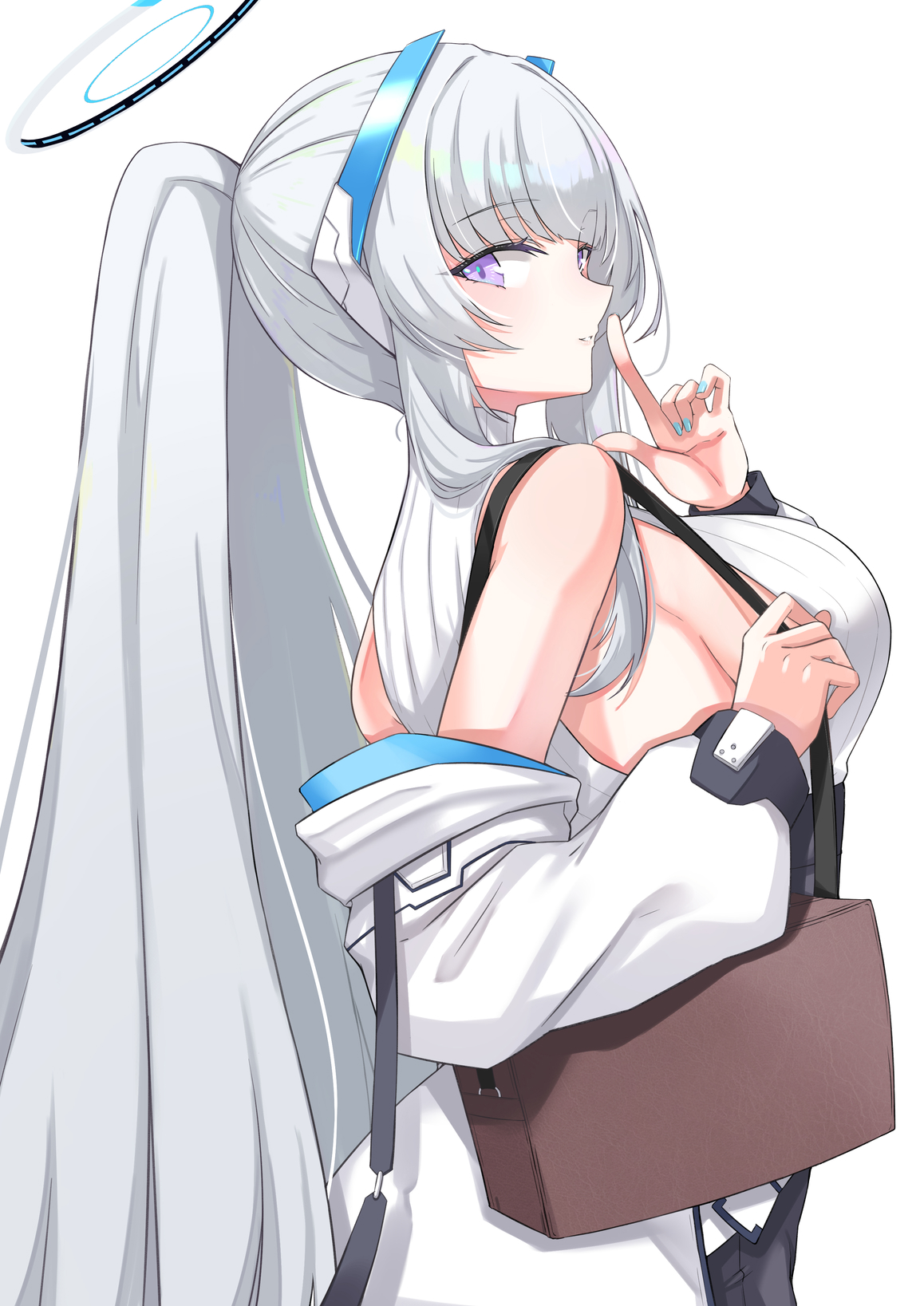 asya, noa (blue archive), blue archive, commentary, highres, 1girl, alternate costume, alternate hairstyle, bag, bare shoulders, from side, halo, headgear, jacket, long hair, looking at viewer, mechanical halo, off shoulder, ponytail, purple eyes, shoulder bag, sleeveless, sleeveless sweater, sleeveless turtleneck, solo, sweater, turtleneck, turtleneck sweater, white background, white hair, white halo, white jacket, white sweater