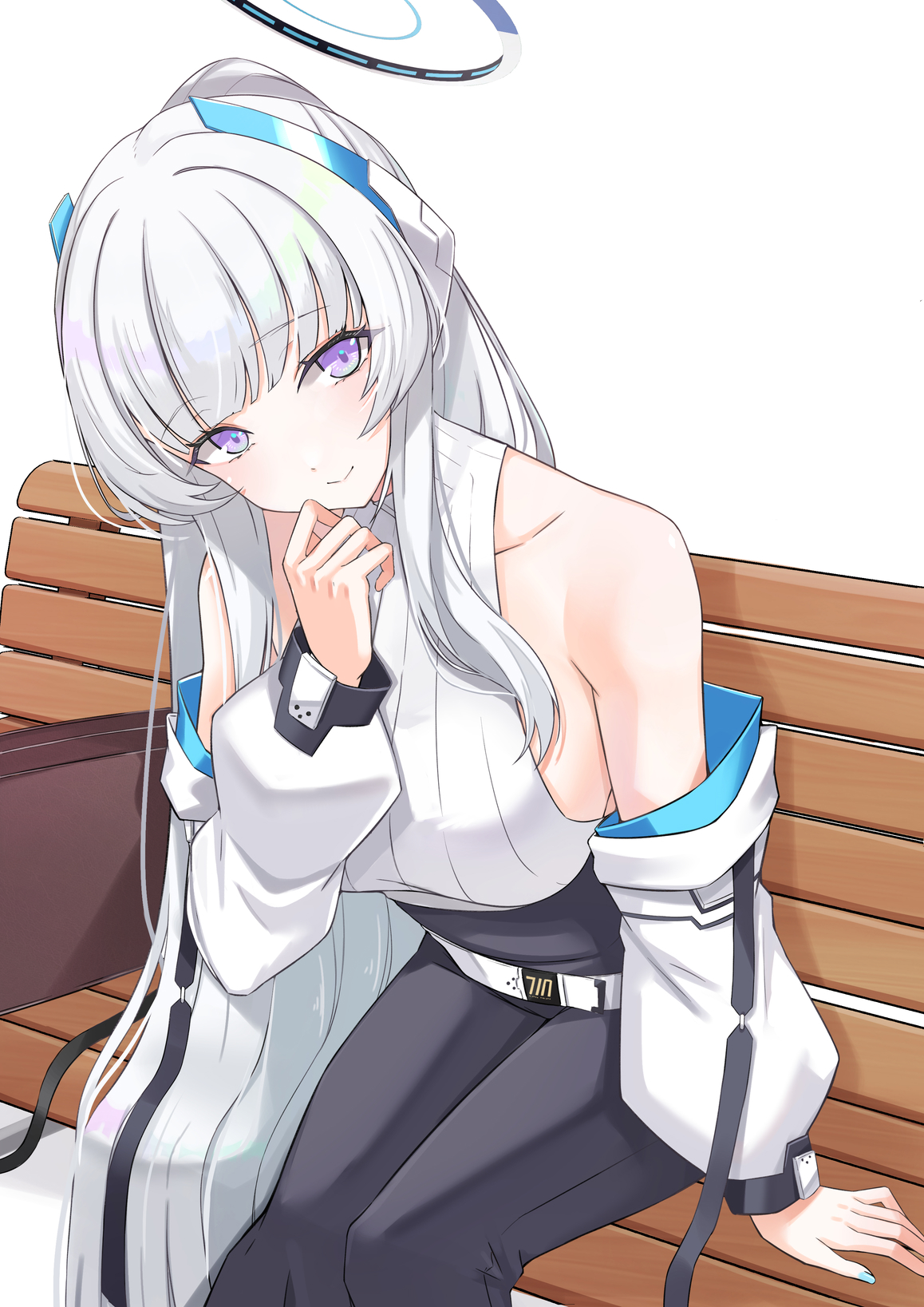 asya, noa (blue archive), blue archive, commentary, highres, 1girl, alternate costume, alternate hairstyle, bare shoulders, bench, black pants, halo, headgear, jacket, long hair, mechanical halo, off shoulder, pants, ponytail, purple eyes, shirt tucked in, sitting, sleeveless, sleeveless sweater, sleeveless turtleneck, smile, solo, sweater, turtleneck, turtleneck sweater, white background, white hair, white halo, white jacket, white sweater