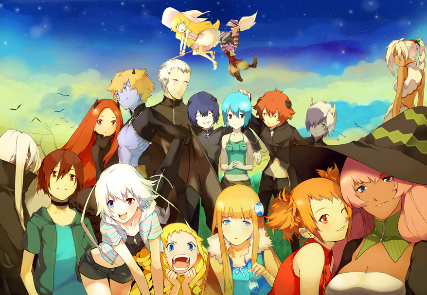 tsujisaki, bad id, bad pixiv id, 6+boys, 6+girls, aqua hair, blonde hair, blue hair, broom, broom riding, brown hair, flying, hat, heterochromia, horns, long hair, multiple boys, multiple girls, night, pink hair, red hair, ribbon, short hair, star (symbol), twintails, white hair, witch hat