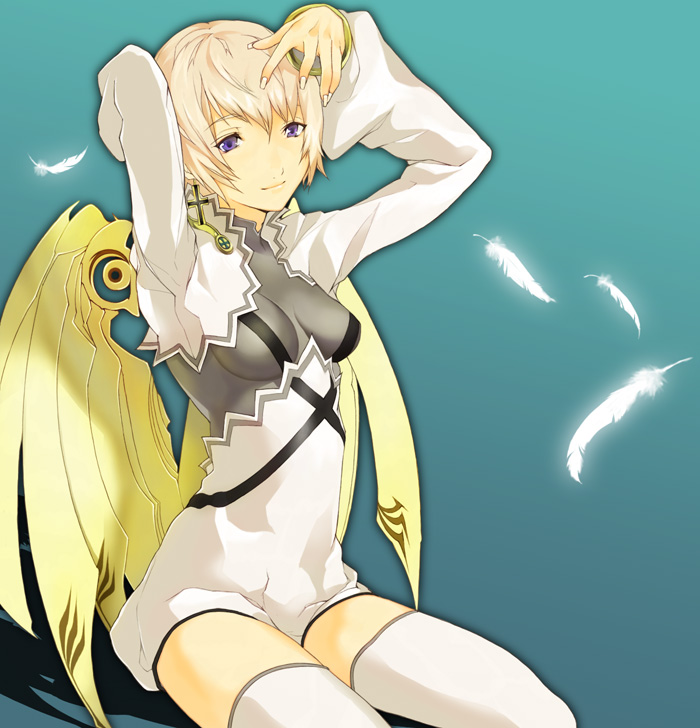 tsujisaki, bad id, bad pixiv id, tagme, blonde hair, feathers, long hair, solo, thighhighs, wings