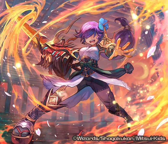 lack, duel masters, official art, 1girl, armor, black shorts, copyright notice, fire, flaming sword, flaming weapon, flower, hair flower, hair ornament, hair over eyes, holding, holding sword, holding weapon, huge weapon, indoors, islay (duel masters), japanese clothes, long hair, low-tied long hair, obi, open mouth, petals, purple hair, sash, shirt, shorts, shoulder armor, solo, sword, teeth, upper teeth only, vambraces, very long hair, weapon, white shirt
