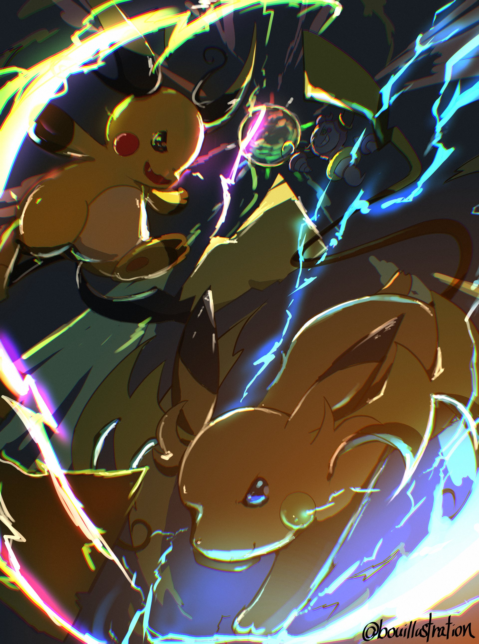 bo (bouillustration), mega raichu x, mega raichu y, raichu, nintendo, pokemon, pokemon legends: z-a, absurdres, highres, blue eyes, brown eyes, closed mouth, electricity, fang, gen 1 pokemon, mega pokemon, multiple tails, no humans, orange fur, pokemon (creature), pokemon focus, tail, very long ears, yellow fur
