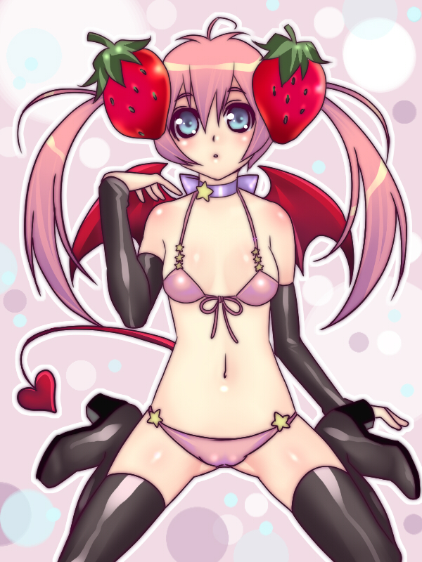 makuro, bad id, bad pixiv id, 1girl, bat wings, blue eyes, blush, bra, breasts, demon girl, female focus, flat chest, food, fruit, gloves, lingerie, panties, pink hair, solo, strawberry, tail, thighhighs, twintails, underwear, underwear only, wings