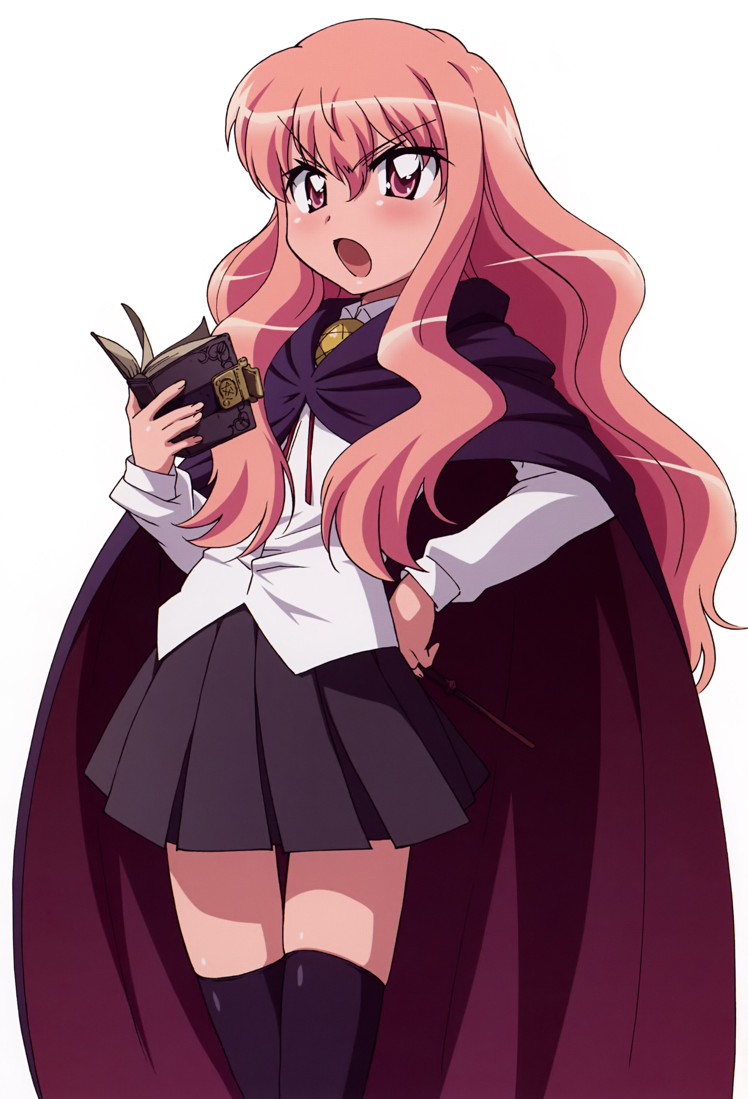louise francoise le blanc de la valliere, zero no tsukaima, absurdres, artist request, highres, 00s, 1girl, book, cape, female focus, hand on own hip, pentacle, pink hair, solo, standing, thighhighs, zettai ryouiki
