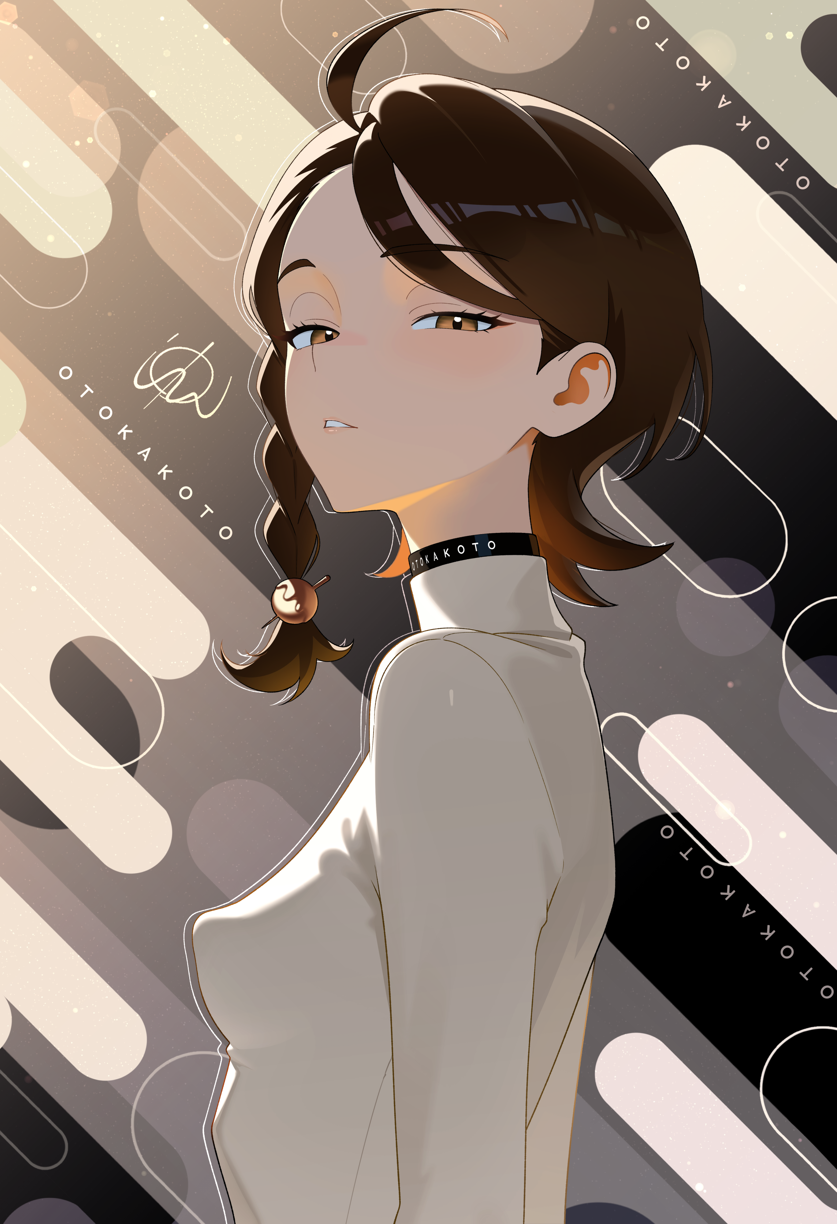 otokakoto, juliana (pokemon), nintendo, pokemon, pokemon sv, absurdres, commentary, english commentary, highres, 1girl, aged up, ahoge, artist name, braid, breasts, brown eyes, brown hair, long sleeves, looking at viewer, parted lips, short hair, single braid, small breasts, solo, sweater, upper body, white sweater