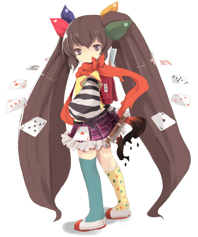 tetsuo (tashirosu), bad id, bad pixiv id, 1girl, asymmetrical legwear, backpack, bag, brown hair, card, chain, different socks, female focus, floating card, flute, frilled skirt, frills, full body, instrument, long hair, mismatched legwear, patterned legwear, purple eyes, randoseru, ribbon, scarf, shirt, shoes, skirt, socks, solo, standing, star (symbol), star print, striped clothes, striped shirt, thighhighs, twintails, uwabaki, very long hair