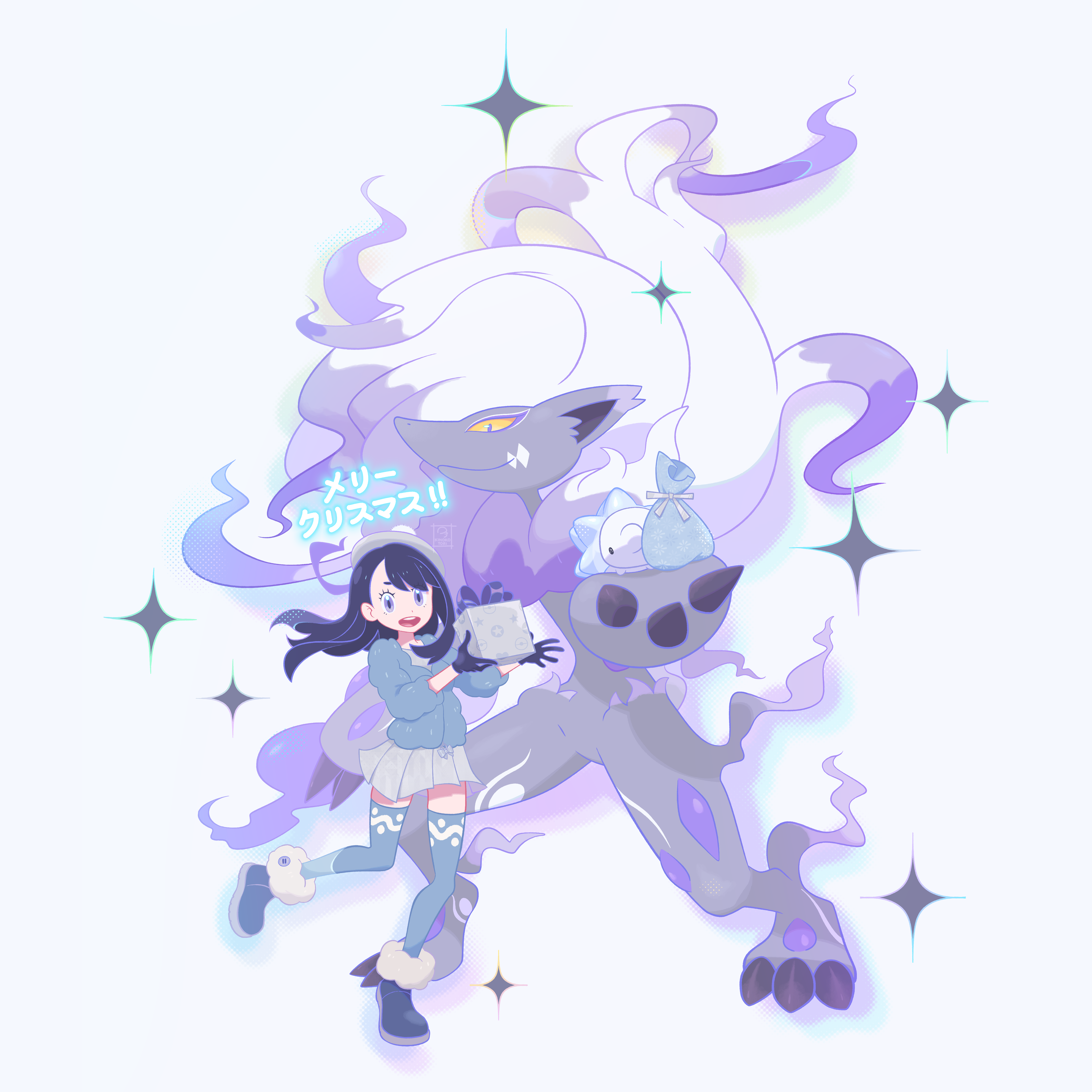 kinokorin, gloria (pokemon), hisuian zoroark, snom, nintendo, pokemon, pokemon swsh, absurdres, commentary request, highres, 1girl, alternate costume, black hair, blue jacket, blue thighhighs, boots, eyelashes, full body, gen 8 pokemon, gift, holding, holding gift, holding sack, jacket, long hair, long sleeves, open mouth, pleated skirt, pokemon (creature), sack, simple background, skirt, sparke, thighhighs, zettai ryouiki
