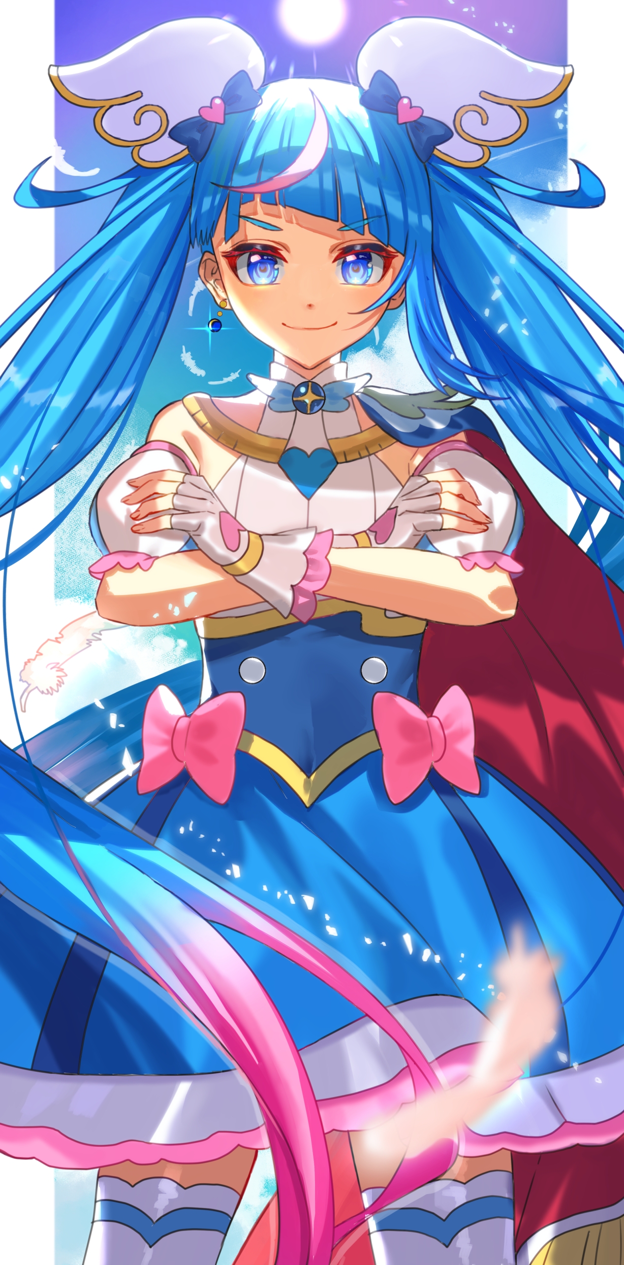 n-bata, cure sky, sora harewataru, hirogaru sky! precure, precure, absurdres, commentary request, highres, 1girl, asymmetrical bangs, blue bow, blue eyes, blue hair, blue skirt, bow, closed mouth, crossed arms, day, detached sleeves, fingerless gloves, floating hair, gloves, hair bow, hair ornament, heart, heart hair ornament, heart print, layered skirt, long hair, looking at viewer, medium skirt, multicolored skirt, outdoors, pink hair, shirt, short sleeves, skirt, sleeveless, sleeveless shirt, smile, solo, standing, sun, thighhighs, twintails, underbust, very long hair, white gloves, white sleeves, white thighhighs, zettai ryouiki
