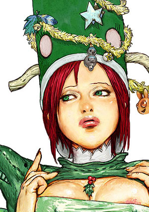 terada katsuya, lowres, 1girl, choker, female focus, green eyes, hat, nipple slip, nipples, red hair, solo