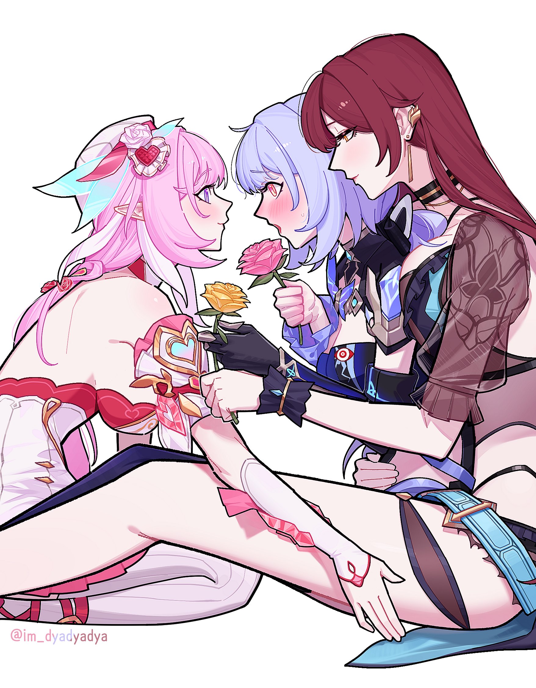 dyadyadya, eden (flowing rhyme) (honkai impact), eden (honkai impact), elysia (hi elf of love) (honkai impact), elysia (honkai impact), elysia (miss pink elf) (honkai impact), herrscher of corruption, honkai (series), honkai impact 3rd, commentary, english commentary, highres, 3girls, bare shoulders, beret, bikini, black bikini, black gloves, blush, breasts, cleavage, dress, earrings, elf, flower, gloves, hat, holding, holding flower, jewelry, large breasts, long hair, looking at another, multicolored hair, multiple girls, official alternate costume, orange eyes, pink flower, pink hair, pink rose, pointy ears, purple hair, rose, shrug (clothing), sideboob, simple background, swimsuit, twitter username, two-tone hair, very long hair, white background, white dress, white hair, yellow eyes, yellow flower, yellow rose, yuri