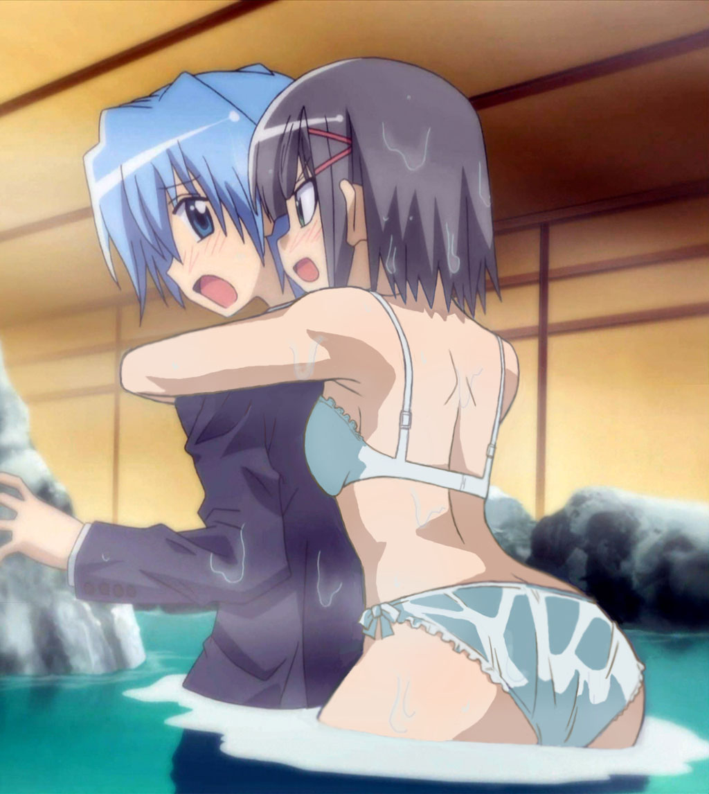 aizawa sakuya, ayasaki hayate, hayate no gotoku!, third-party edit, 00s, 1girl, front to back, lingerie, onsen, underwear, water, wet, wet clothes