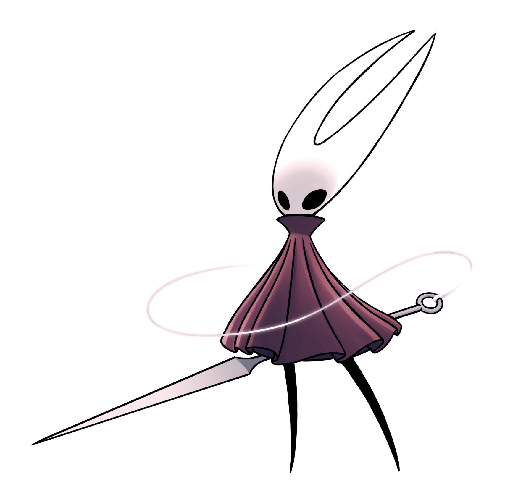 hornet (hollow knight), hollow knight, highres, official art, 1girl, ari gibson, black skin, cloak, colored skin, full body, holding, holding weapon, hollow eyes, horned mask, mask, needle (hollow knight), red cloak, solo, standing, thread, transparent background, weapon, white mask