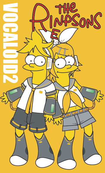 suzuno yoshito, kagamine len, kagamine rin, the simpsons, vocaloid, 1boy, 1girl, brother and sister, colored skin, parody, siblings, style parody, twins, yellow skin