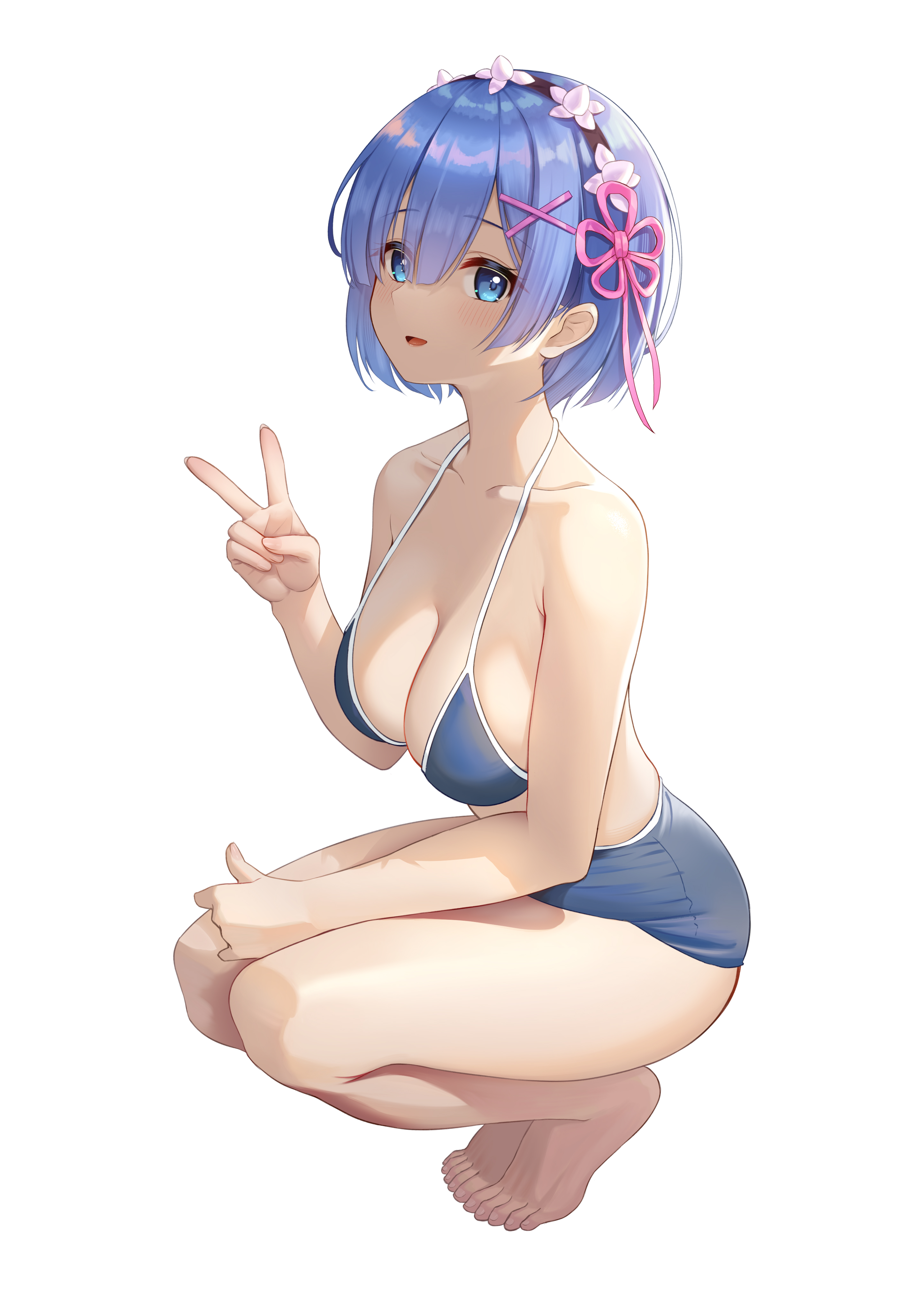 arus, rem (re:zero), re:zero kara hajimeru isekai seikatsu, absurdres, highres, 1girl, :d, bare legs, bare shoulders, bikini, blue bikini, blue eyes, blue hair, blush, breasts, cleavage, collarbone, flower knot, full body, hair ornament, hair ribbon, hairband, hairclip, large breasts, lolita hairband, looking at viewer, open mouth, pink ribbon, ribbon, short hair, simple background, smile, solo, squatting, swimsuit, v, white background, x hair ornament