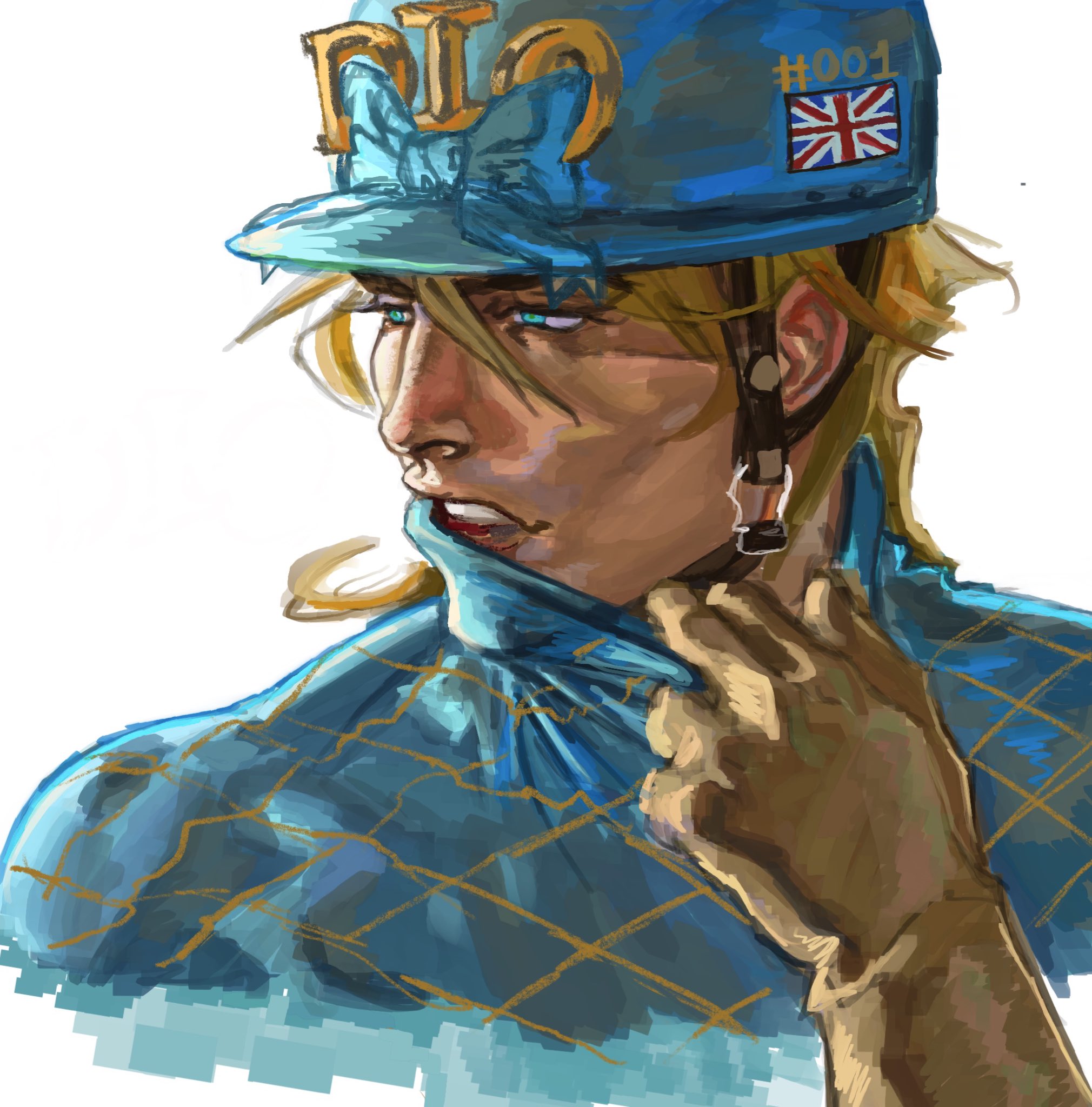 diego brando, jojo no kimyou na bouken, steel ball run, commentary, english commentary, highres, 1boy, argyle clothes, argyle sweater, blonde hair, blue bow, blue eyes, blue helmet, blue sweater, bow, brown gloves, cropped torso, gloves, helmet, male focus, medium hair, nichewhence, open mouth, portrait, solo, sweater, teeth, turtleneck, turtleneck sweater, union jack, white background