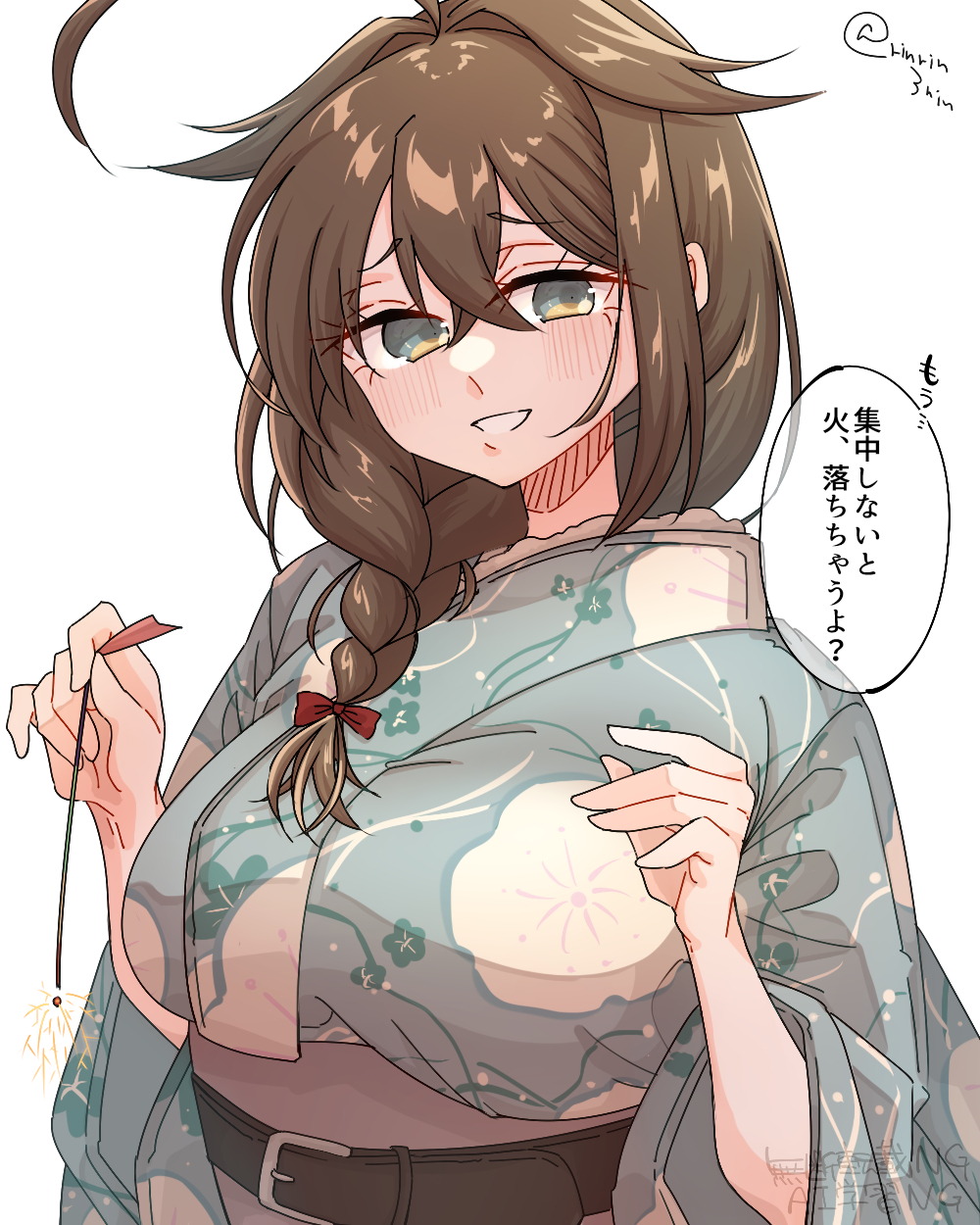 matsunaga (haku), shigure (kancolle), shigure kai san (kancolle), kantai collection, commentary request, highres, translation request, 1girl, ahoge, blue kimono, braid, brown hair, fireworks, floral print, green eyes, grin, hair flaps, hair over shoulder, japanese clothes, kimono, long hair, simple background, single braid, smile, solo, sparkler, twintails, upper body, white background