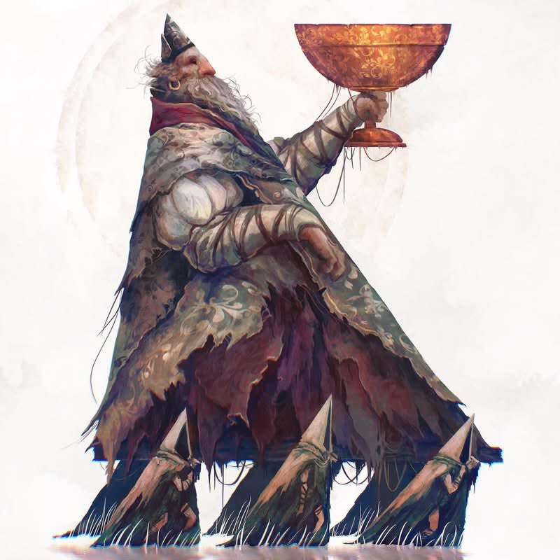 alexandre chaudret, original, 1boy, 6+others, beard, carrying, carrying person, chalice, cup, earrings, facial hair, geometry, giant, holding, holding cup, hood, hood up, jewelry, math, multiple others, slave, torn clothes, triangle