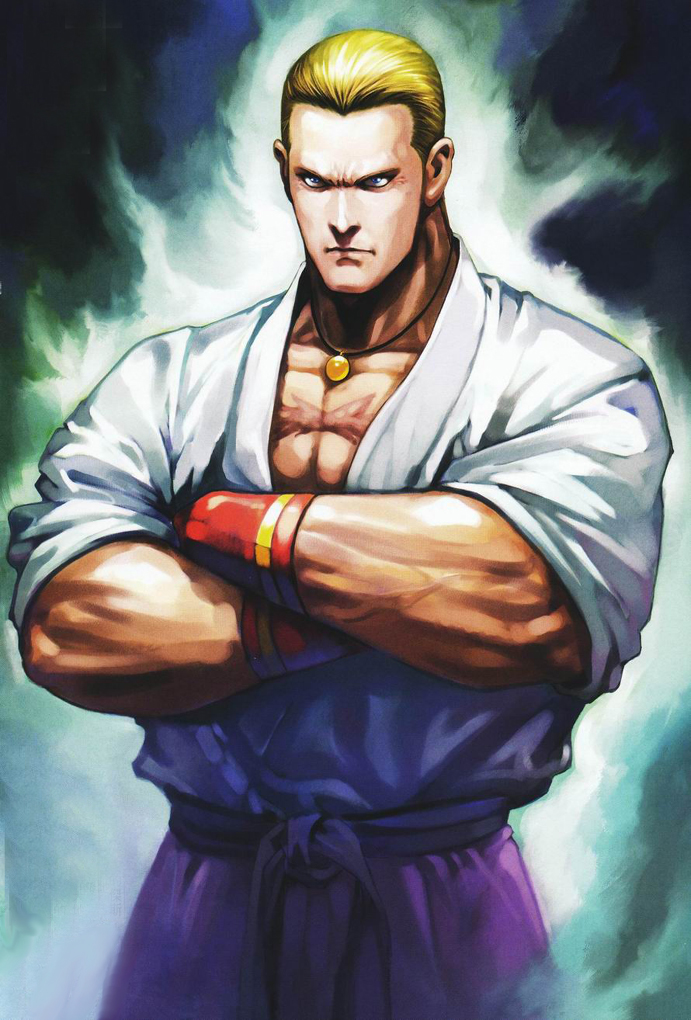 geese howard, fatal fury, snk, the king of fighters, 1boy, blonde hair, bracer, dougi, japanese clothes, jewelry, male focus, necklace, scar, solo