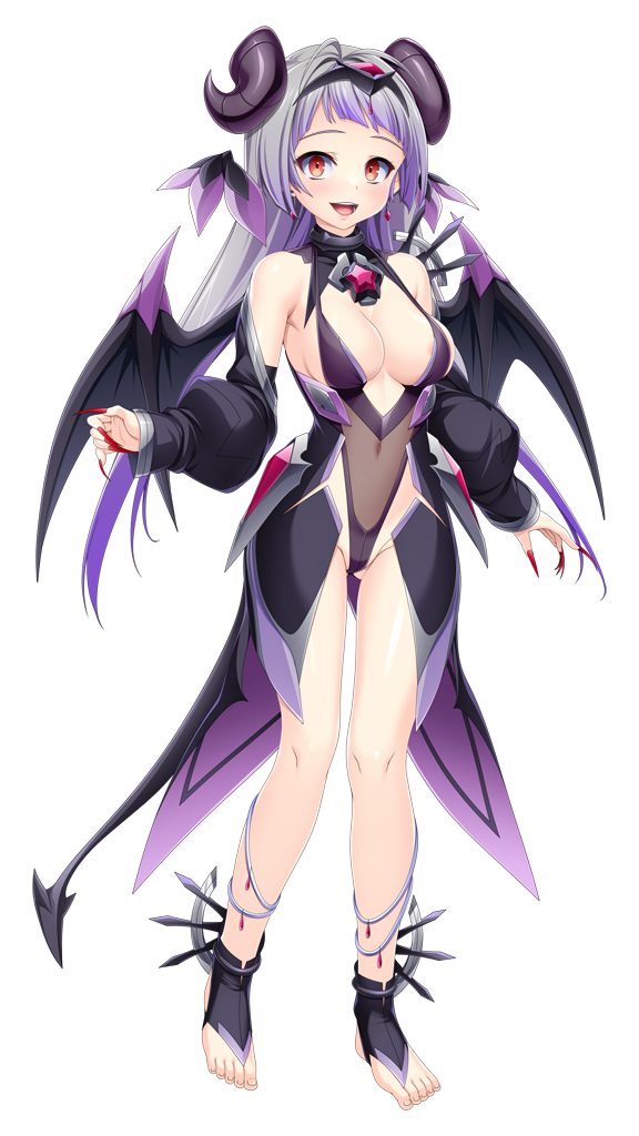 kamitsurugi ouka, kunijima chiaki, kouyoku senki exs-tia concert, game cg, non-web source, official art, variant set, 1girl, :d, barefoot, black horns, black leotard, black sleeves, black wings, breasts, chest jewel, cleavage, covered navel, dark exs-tia abyssus, demon girl, demon horns, demon tail, demon wings, detached sleeves, earrings, fingernails, floating hair, full body, gluteal fold, gradient hair, grey hair, hair intakes, hairband, halloween costume, head wings, highleg, highleg leotard, horns, jewelry, large breasts, leotard, long hair, long sleeves, looking at viewer, multicolored hair, nail polish, open mouth, purple hair, red eyes, red nails, sharp fingernails, shiny skin, sideboob, smile, solo, standing, tachi-e, tail, toeless legwear, toenails, transparent background, two-tone hair, very long hair, wings
