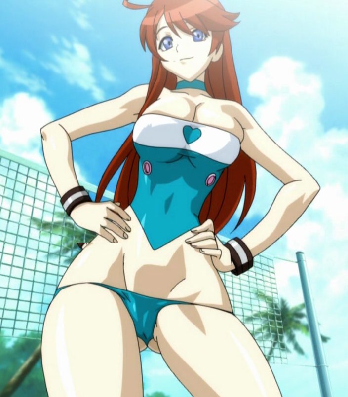 meg (bakuretsu tenshi), bakuretsu tenshi, anime screenshot, 00s, 1girl, bikini, blue eyes, day, female focus, groin, lowleg, lowleg bikini, red hair, sky, solo, swimsuit