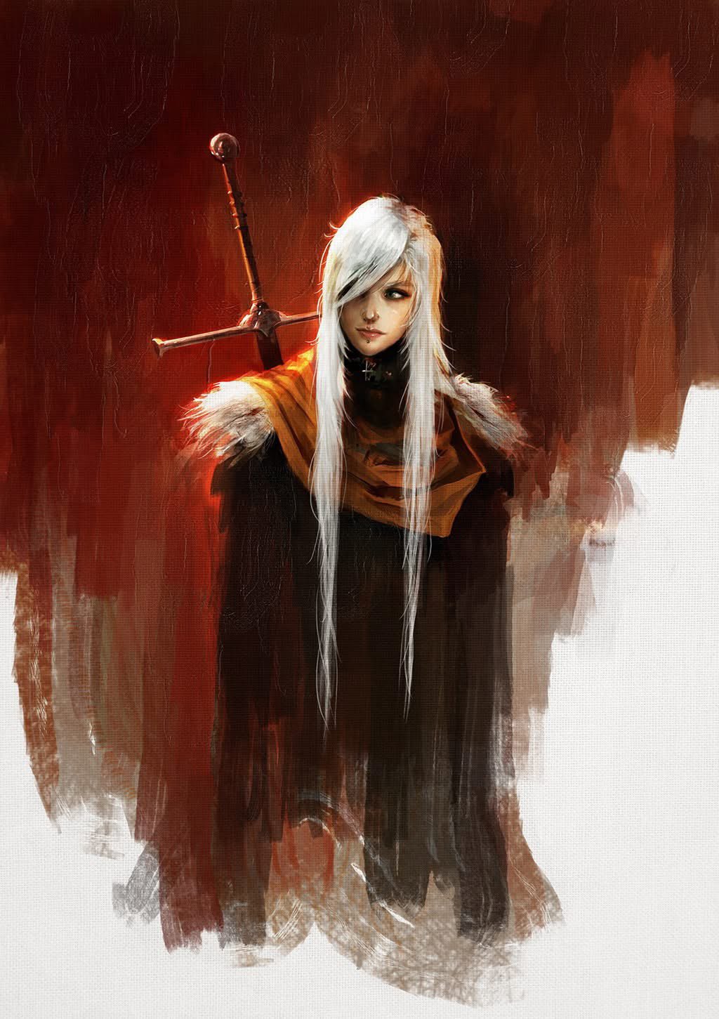 alexandre chaudret, original, highres, 1girl, long hair, shoulder pads, solo, sword, sword on back, upper body, weapon, weapon on back