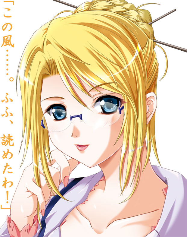 cecilia, cecilia (pangya), pangya, 1girl, blonde hair, blue eyes, female focus, glasses, hair bun, single hair bun, solo